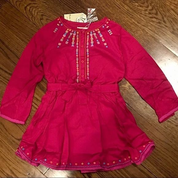 Pink Long Sleeve Button Front Dress w Embroidered Flower Detail and Belted Waist - Picture 10 of 16